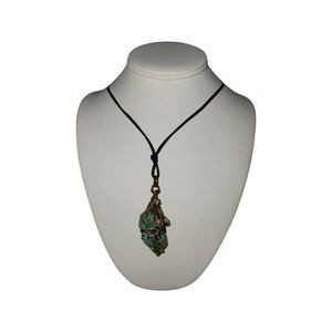 Artisan Wire Wrapped Copper Necklace with Green and Turquoise Stone on Long Knot